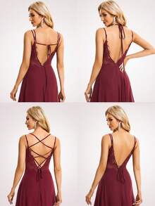 Elegant Spring Chiffon Backless Floral Embroidered Burgundy Bridesmaid Dress - Burgundy - View 4