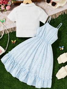 SHEIN Girls Solid Button Front Shirt & Ditsy Floral Print Ruffle Hem Cami Dress Set - Blue and White - View 2