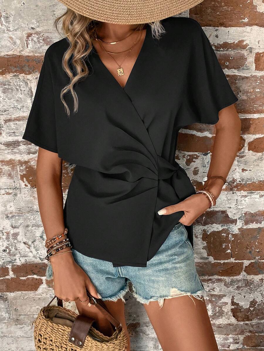 SHEIN LUNE Áo sơ mi nữ Thắt nút Trọn gói màu trơn Giải trí - màu đen - Xem 1