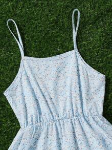 SHEIN Girls Solid Button Front Shirt & Ditsy Floral Print Ruffle Hem Cami Dress Set - Blue and White - View 5