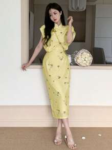 Vestido floral al azar de manga murciélago con abertura trasera - Amarillo - Ver 1