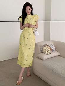 Vestido floral al azar de manga murciélago con abertura trasera - Amarillo - Ver 3