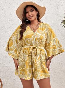 SHEIN VCAY Plus Tropical Print Batwing Sleeve Belted Romper - Multicolor - View 5