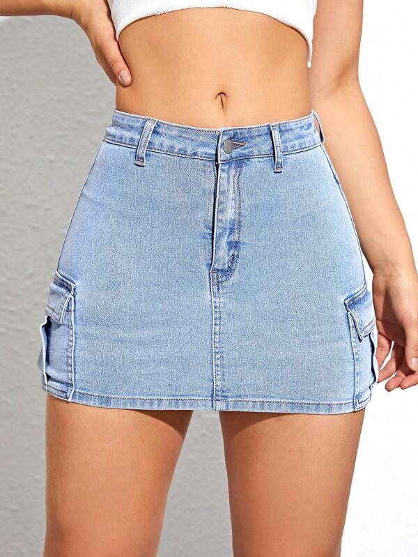 SHEIN Flap Pocket Denim Skirt SHEIN USA