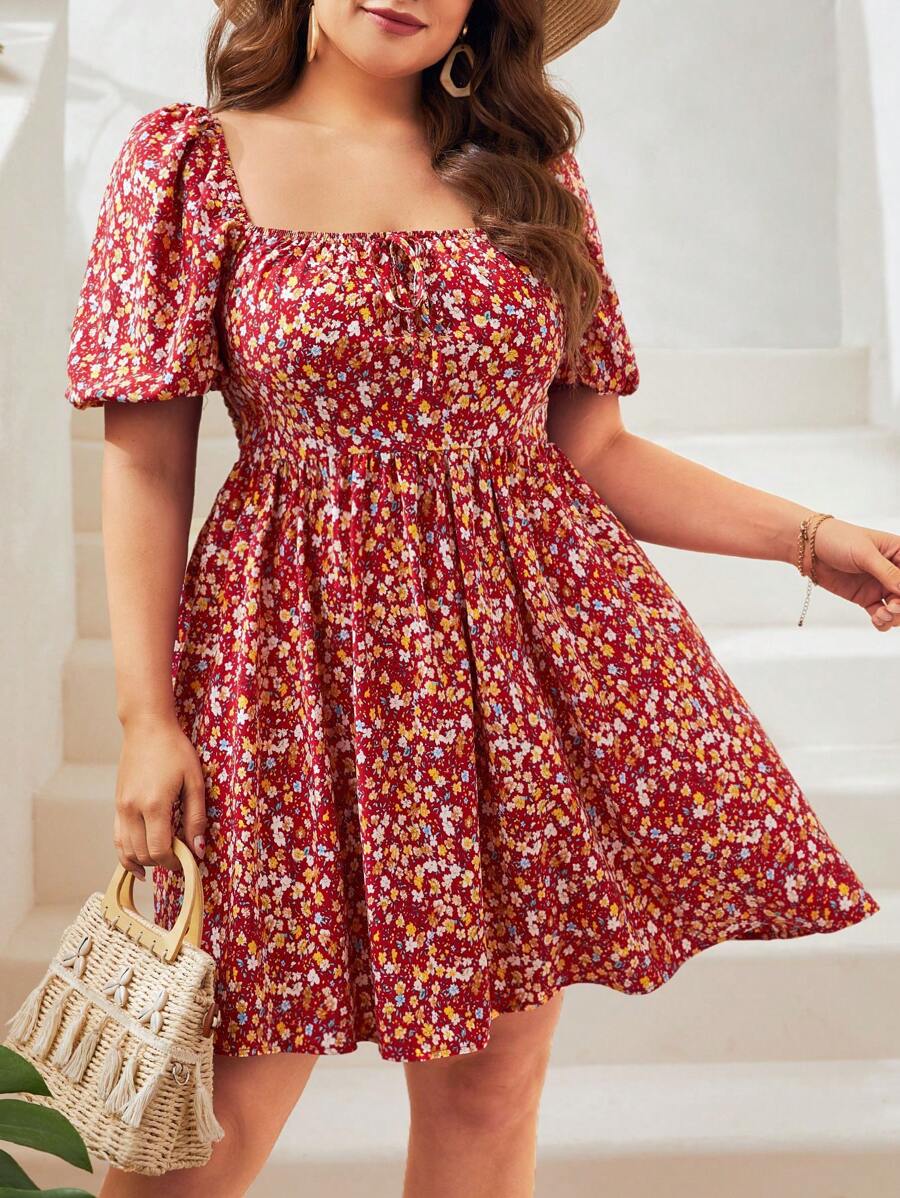 Dreamara Đầm Plus Size Dải chun Thắt nơ trước Họa tiết hoa Boho - Nhiều màu - Xem 1