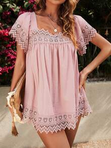 拼接水溶蕾絲蝴蝶袖襯衫 - 淺粉色 - 查看 3