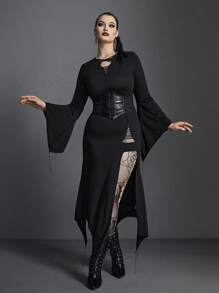 Plus Cut Out Flounce Sleeve Split Thigh Dress Without Corset - Black - View 1