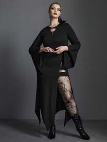 Plus Cut Out Flounce Sleeve Split Thigh Dress Without Corset - Black - View 4