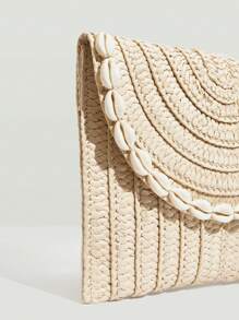 SHEIN VCAY 貝殼裝飾翻蓋草編包 - 米色 - 查看 8
