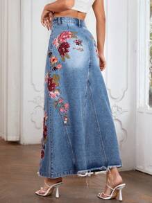 SHEIN LUNE Jeansrock mit Blume Stickerei, umgesäumtem Saum,