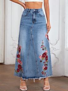SHEIN LUNE Jeansrock mit Blume Stickerei, umgesäumtem Saum,