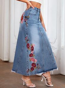 SHEIN LUNE Jeansrock mit Blume Stickerei, umgesäumtem Saum,