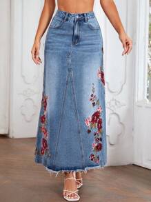 SHEIN LUNE Jeansrock mit Blume Stickerei, umgesäumtem Saum,