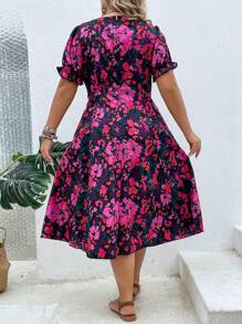 SHEIN Holidaya Plus Floral Print Puff Sleeve Dress
