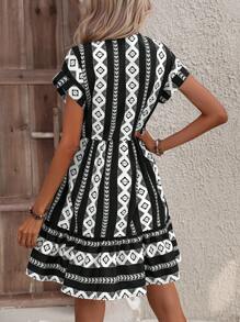 Breezaya Đầm Viên lá sen Hình học Boho - Đen và trắng - Xem 2