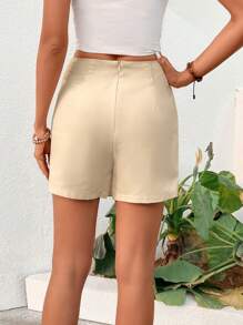 SHEIN LUNE Quần đùi nữ Trọn gói Thắt nơ trước màu trơn Giải trí - Màu Khaki - Xem 2