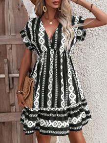 Breezaya Đầm Viên lá sen Hình học Boho - Đen và trắng - Xem 6