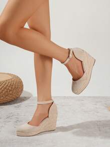 度假踝帶淺口坡跟鞋適用於女士仿麂皮編織坡跟鞋