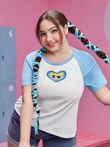 The Powerpuff Girls | ROMWE Plus Heart Print Raglan Sleeve Tee - Blue and White - View 5