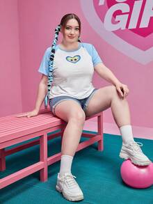 The Powerpuff Girls | ROMWE Plus Heart Print Raglan Sleeve Tee - Blue and White - View 6