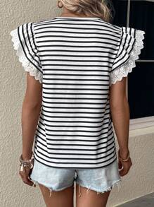SHEIN LUNE 條紋印花荷葉邊蝴蝶袖T恤 - 白色 - 查看 2