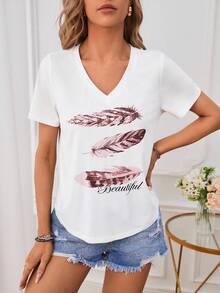 SHEIN LUNE 羽毛圖案和字母圖案T恤 - 白色 - 查看 5