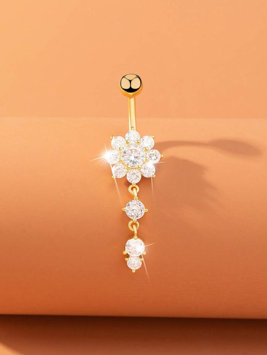 1入組前衛方晶鋯石花朵裝飾臍環適合女士適用於禮品 - 金黃色 - 查看 1