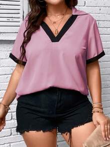 SHEIN LUNE 大碼拼接邊襯衫 - 藕粉色 - 查看 5