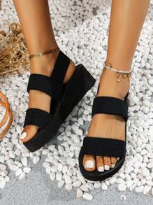 優雅露跟坡跟涼鞋適用於女士彈性黑色戶外坡跟涼鞋 - 黑色 - 查看 6