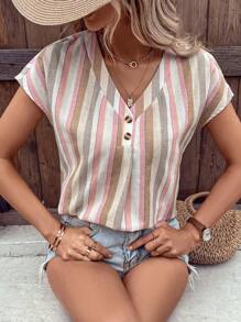 SHEIN VCAY Striped Print Batwing Sleeve Blouse - Multicolor - View 6