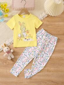 Toddler Girls Rabbit & Floral Print PJ Set - Multicolor - View 1