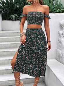 Breezaya 碎花一字肩短款上衣和高衩半身裙 - 墨綠色 - 查看 3