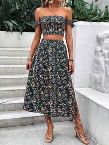 Breezaya 碎花一字肩短款上衣和高衩半身裙 - 墨綠色 - 查看 5