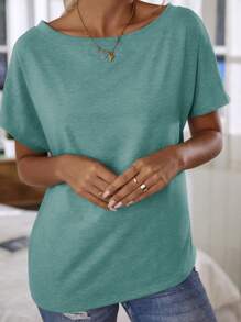 SHEIN LUNE 蝙蝠袖素色T恤 - 青碧色 - 查看 4