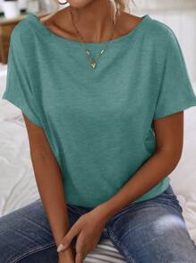 SHEIN LUNE 蝙蝠袖素色T恤 - 青碧色 - 查看 6