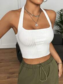 SHEIN EZwear 素色露背短款吊脖針織上衣 - 白色 - 查看 3
