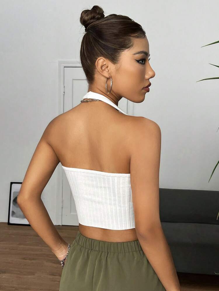 Solid Backless Crop Halter Knit Top