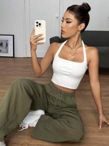 SHEIN EZwear 素色露背短款吊脖針織上衣 - 白色 - 查看 4