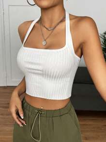 SHEIN EZwear 素色露背短款吊脖針織上衣 - 白色 - 查看 5