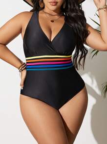SHEIN Letni, duży rozmiar, pasiasty, taśmowy, jednoczęściowy kostium kąpielowy z odkrytymi plecami i skrzyżowanymi paskami - Czarne - Zobacz 1
