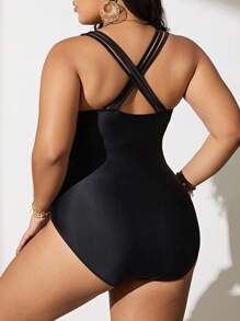 SHEIN Letni, duży rozmiar, pasiasty, taśmowy, jednoczęściowy kostium kąpielowy z odkrytymi plecami i skrzyżowanymi paskami - Czarne - Zobacz 2