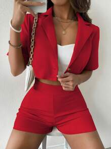 Chiquease Lapel Neck Crop Blazer & Shorts - Red - View 1