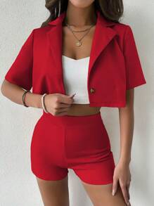 Chiquease Lapel Neck Crop Blazer & Shorts - Red - View 4