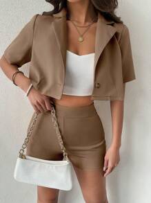 SHEIN ChicEase Solid Single Button Crop Blazer & Shorts - Coffee Brown - View 5