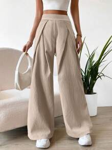 SHEIN Unity High Waist Plicated Detail Wide Leg Trousers - Beige - View 1