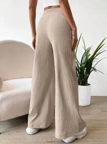 SHEIN Unity High Waist Plicated Detail Wide Leg Trousers - Beige - View 2