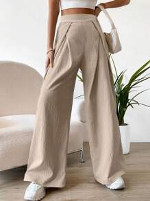 SHEIN Unity High Waist Plicated Detail Wide Leg Trousers - Beige - View 4