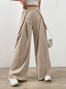 SHEIN Unity High Waist Plicated Detail Wide Leg Trousers - Beige - View 5