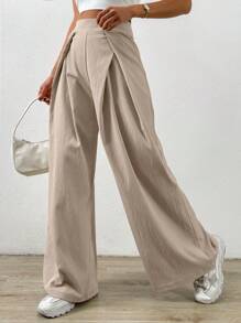 SHEIN Unity High Waist Plicated Detail Wide Leg Trousers - Beige - View 6