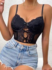 SHEIN Allurite 蕾絲拼接鏤空緊身吊帶 - 黑色 - 查看 5